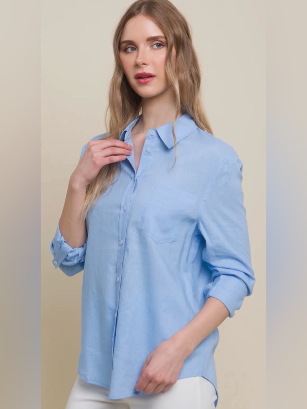Light Blue Linen Women's Button-Up Shirt - Classic Collared Top